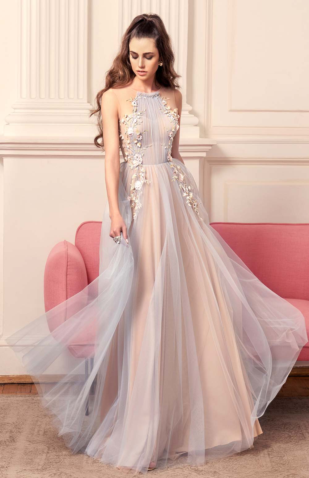 MY BEST LOOK ISABELLA ÇİÇEKLİ MAVİ RENKLİ UZUN TÜL ELBİSE